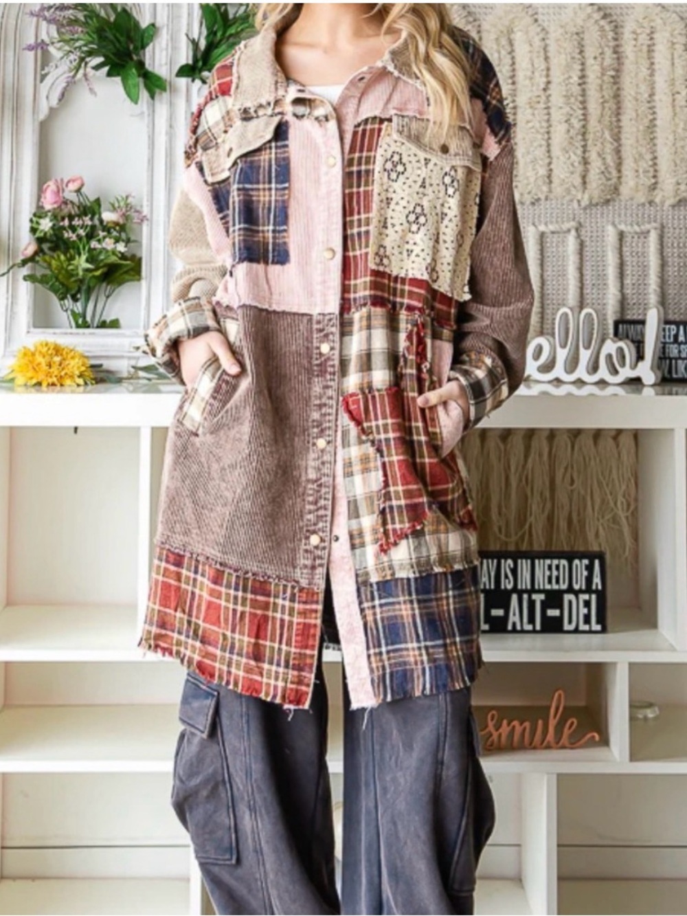 Oli & Hali Patchwork Plaid & Corduroy Long Jacket - Multi - Picture 16 of 16